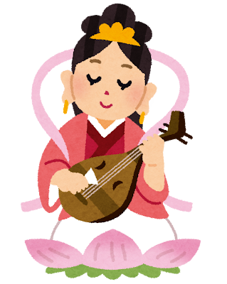 弁財天のイラスト。羽衣を纏って琵琶を弾いている女性が描かれている。